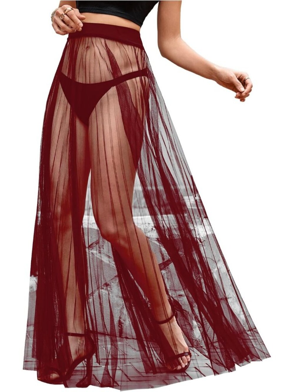 Women Burgundy Sheer Mesh High Waist See Through Flowy Lace Cover Up Maxi Skirt